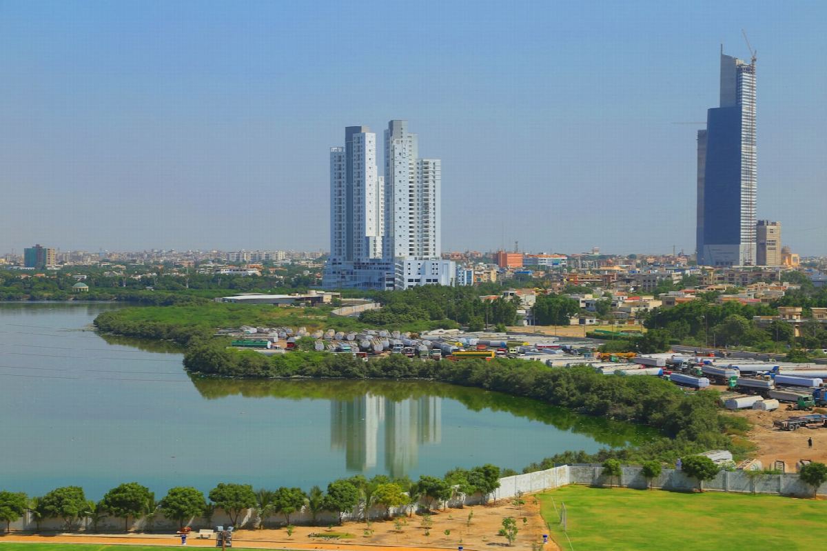 Karachi city buildings beside the water