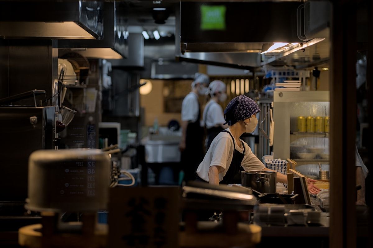 Kitchen brigade working service in a professional restaurant kitchen